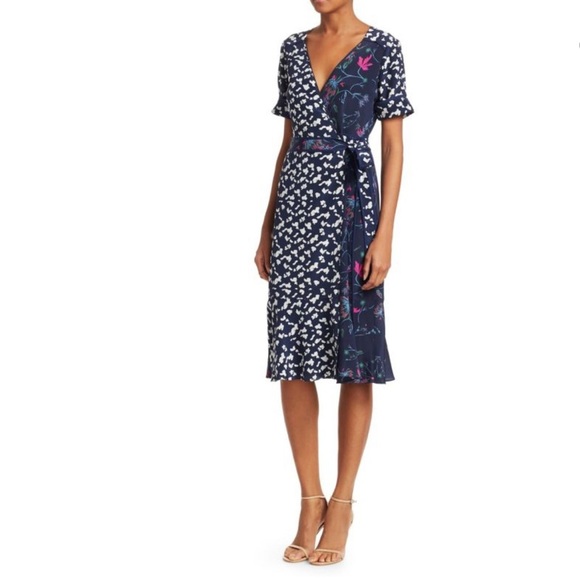 TANYA TAYLOR Luisa Mixed Print 100% Silk Wrap Dress Sz 6 Navy Pink - Picture 16 of 16